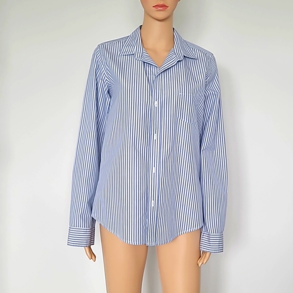 Blue and White Stripe Button-Up Shirt - Women's Top